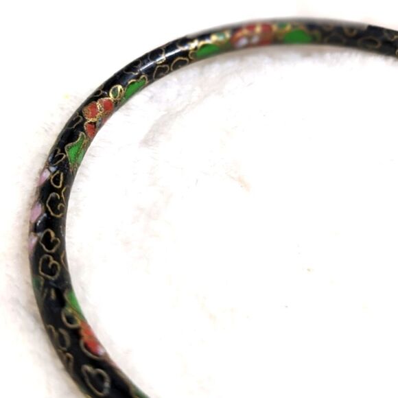 Vintage 1970's Black & Pink Chinese Cloisonne Enamel Floral Bangle Bracelet - Picture 12 of 13